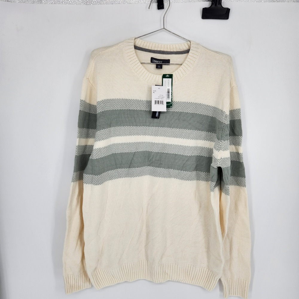 Commerce Mens Heathered Chest Stripe Crewneck Sweater Off-White XL SIEF5S6807